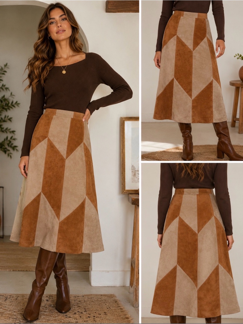 Alice Blue Faux Suede Colorblock Midi Skirt Small